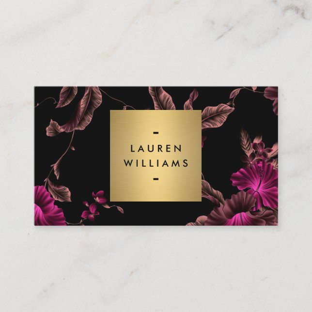 Elegantes Schwarzes Floral Muster 2 mit Gold Name  Visitenkarte (Vorderseite)
