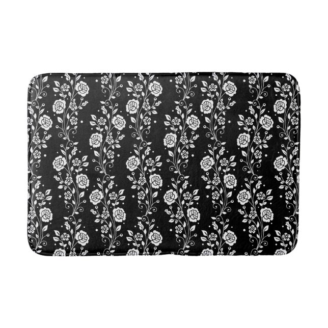 Elegantes Schwarzes Floral Muster Kurz Badematte (Vorderseite)