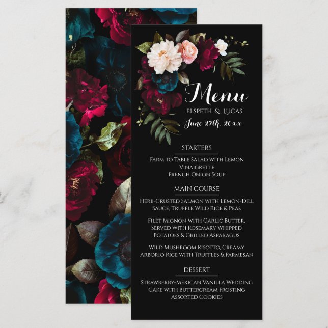 Elegantes Schwarzes Floral Wedding Menu Template Menükarte (Vorne/Hinten)