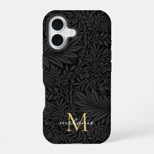 Elegantes schwarzes florales Schriftmonogramm iPhone 16 Hülle (Rückseite)