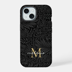 Elegantes Schwarzes Florales Script Monogram iPhone 15 Hülle