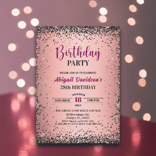 Elegantes schwarzes Glitter Metallic Rosa 28. Gebu Einladung