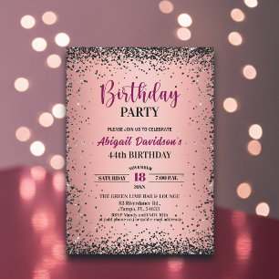 Elegantes schwarzes Glitter Metallic Rosa 44. Gebu Einladung