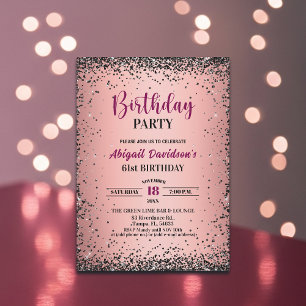 Elegantes schwarzes Glitter Metallic Rosa 61. Gebu Einladung