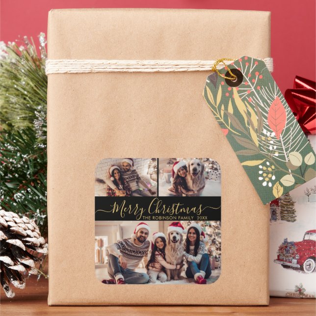 Elegantes Schwarzes Gold 3 Foto Collage Weihnachte Quadratischer Aufkleber (Feiertag)