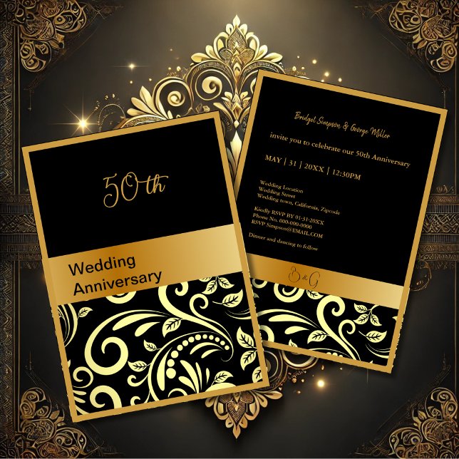 elegantes schwarzes Gold 50. Hochzeitstag-Karte (Von Creator hochgeladen)