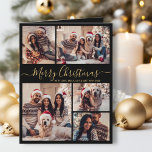 Elegantes Schwarzes Gold 5 Foto Collage Weihnachte Karte<br><div class="desc">Elegante Kalligrafie Moderne einfache Schwarz und Gold 5 Foto Collage Frohe Weihnachtsschrift Big Falten Holiday Card. Dieses festliche minimalistische Fünf (5) Foto Feiertage Grußkarte Vorlage zeigt eine hübsche Grid Foto Collage und sagt "Frohe Weihnachten"! Der "Frohe Weihnachten"-Grußtext ist in einer schönen Hand geschrieben, Wirble whimsical Swash-Schwanz Schriftart Typografie Skript in...</div>