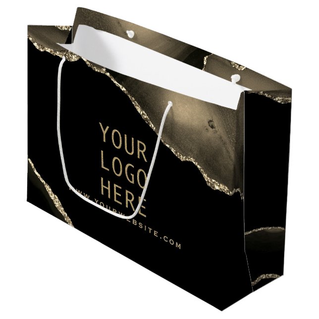 Elegantes Schwarzes Gold Agate Ihr Logo hier Große Geschenktüte (Vorderseite Schrägansicht)