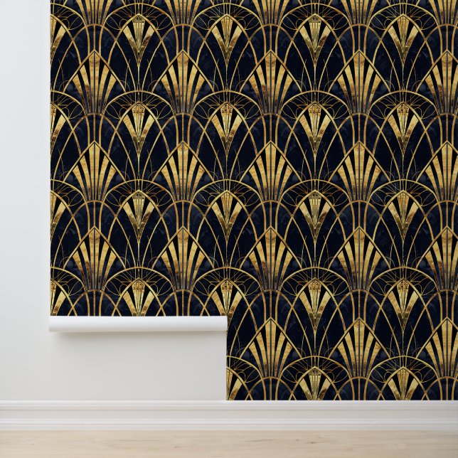 Elegantes schwarzes Gold Art Deco Fliesen Muster Tapete (Anwendung)