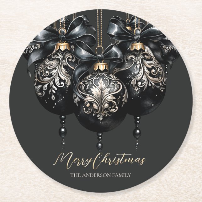 Elegantes schwarzes Gold baubles Luxus Weihnachten Runder Pappuntersetzer (Vorderseite)