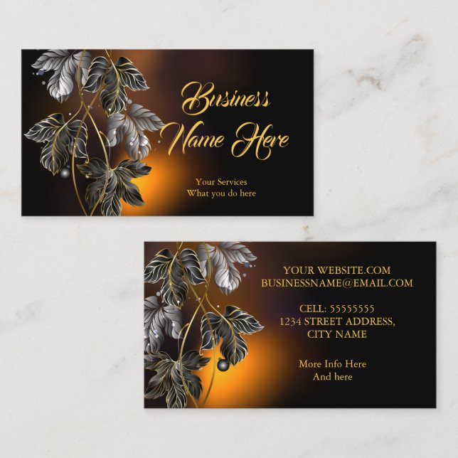 Elegantes Schwarzes Gold Blätter Bronze-Glanz Visitenkarte (Vorne/Hinten)