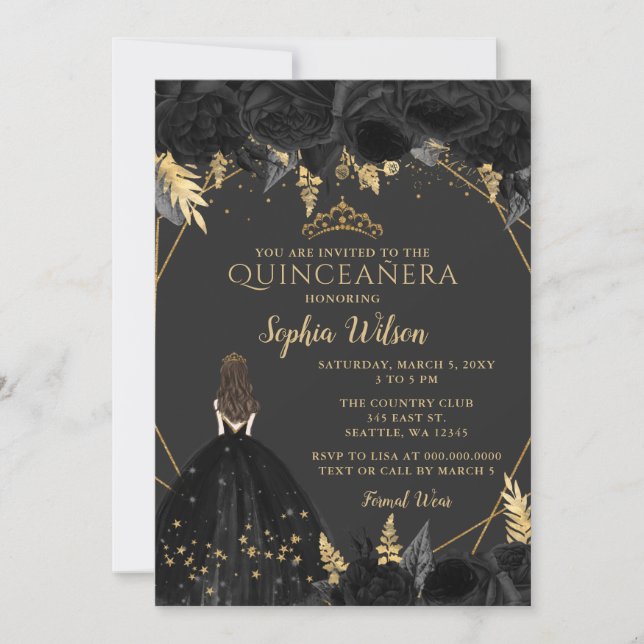 Elegantes Schwarzes Gold BlumenPrinzessin Quinceañ Einladung (Vorderseite)