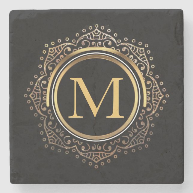 Elegantes schwarzes Gold der Monogramm-Initialen-| Steinuntersetzer (Vorderseite)
