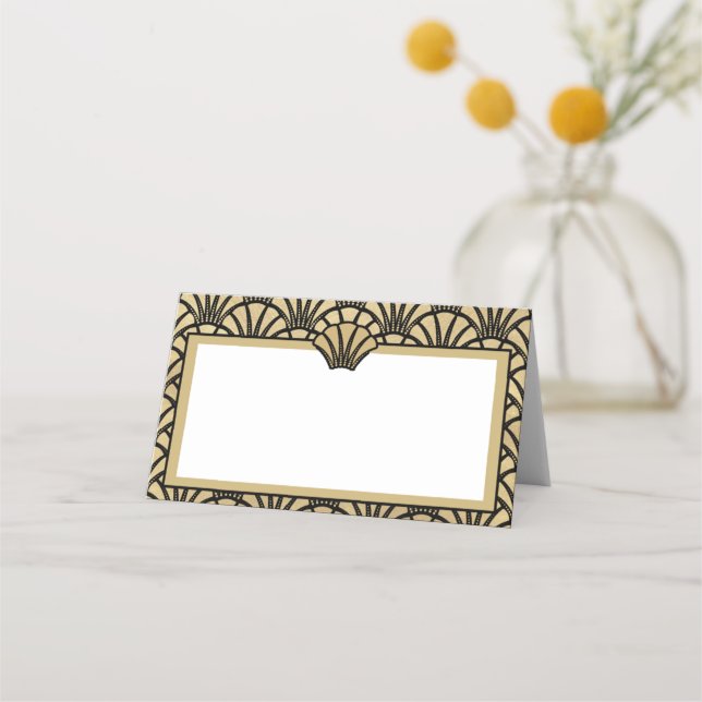 Elegantes Schwarzes Gold Farbige Art Deco Platzkarte (Vorderseite)