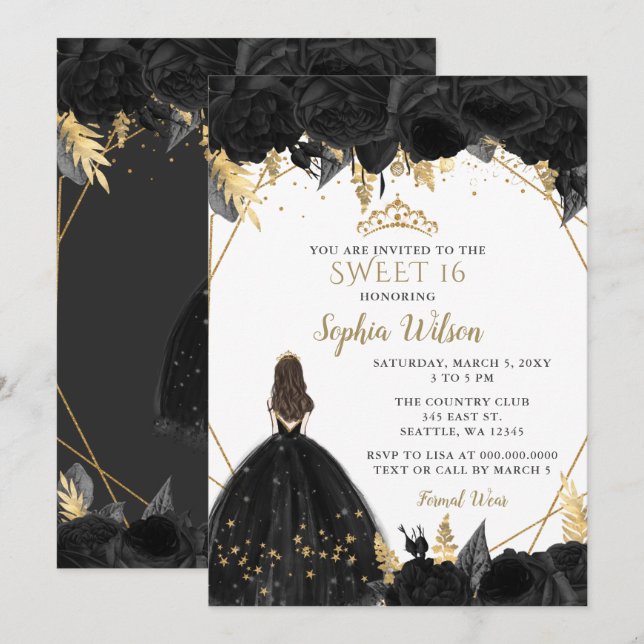 Elegantes Schwarzes Gold, florale Prinzessin SWEET Einladung (Vorne/Hinten)
