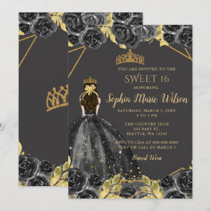Elegantes Schwarzes Gold, florale Prinzessin SWEET Einladung