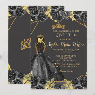 Elegantes Schwarzes Gold, florale Prinzessin SWEET Einladung