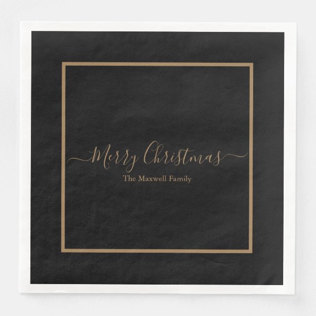 Elegantes schwarzes Gold Frohe Weihnachtsfamilie N Serviette (Vorderseite)