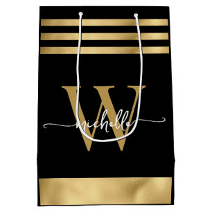 Elegantes schwarzes Gold gestreiftes Monogramm Gir Mittlere Geschenktüte