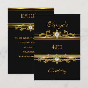 Elegantes schwarzes Gold-Juwel 40. Geburtstag Einladung