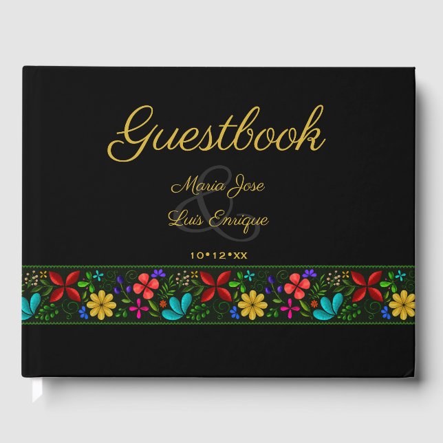 Elegantes Schwarzes Gold Lateinamerikanisches Folk Gästebuch (Vorderseite)