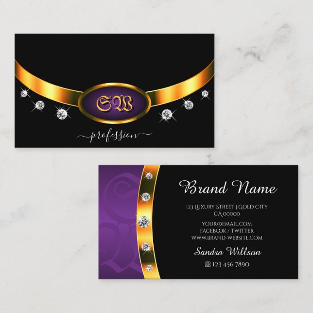 Elegantes Schwarzes Gold Lila mit Monogram Diamond Visitenkarte (Vorne/Hinten)