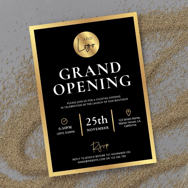 Elegantes Schwarzes Gold-Logo Neue Veranstaltung z Einladung (Black & gold business grand opening invitations with space for your logo and custom event details)
