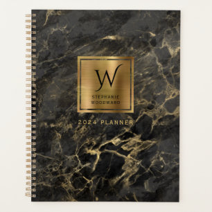 Elegantes Schwarzes Gold Marmormonogramm 2024 Planer