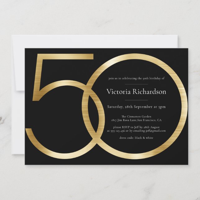 Elegantes Schwarzes Gold Minimalistisch 50. Geburt Einladung (Vorderseite)