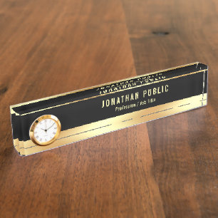 Elegantes Schwarzes Gold Modernes Template mit Uhr Namensplakette