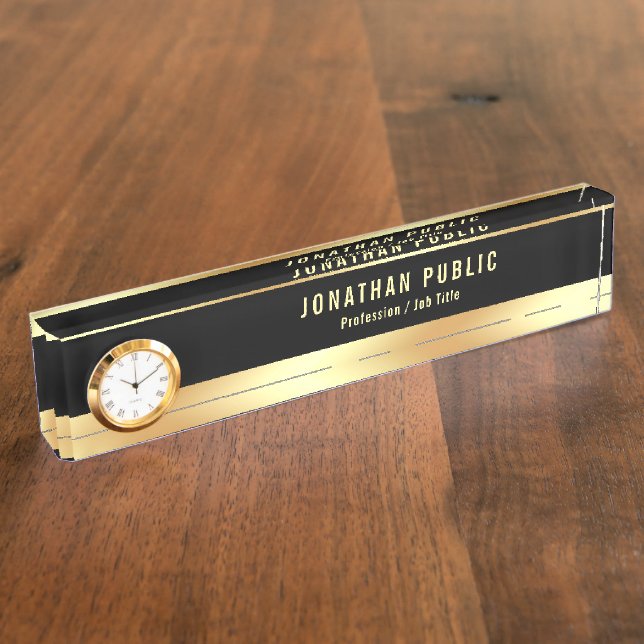 Elegantes Schwarzes Gold Modernes Template mit Uhr Namensplakette (Seite)