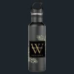 Elegantes Schwarzes Gold Monogram Edelstahlflasche<br><div class="desc">Elegante Aquarell-Blätter in Monogramm Wasserflasche mit einem goldenen Monogramm-Initial auf einem schicken schwarzen Hintergrund. Entwickelt von Thisisnotme©</div>