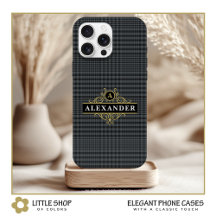 Elegantes schwarzes Gold-Monogramm Glen Plaid