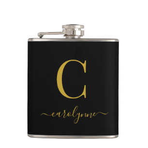 Elegantes schwarzes Gold-Monogramm Schrift Flachmann