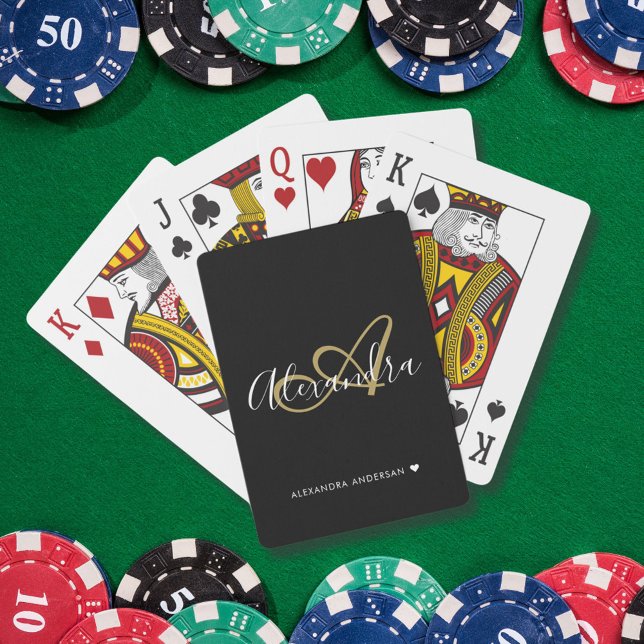 Elegantes schwarzes Gold-Schrift Anfangsbuchstabe  Spielkarten (Elegant Black Gold Script Initial Name Monogram Poker Cards)