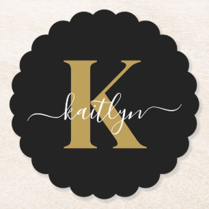 Elegantes schwarzes Gold-Schriftmonogramm Untersetzer