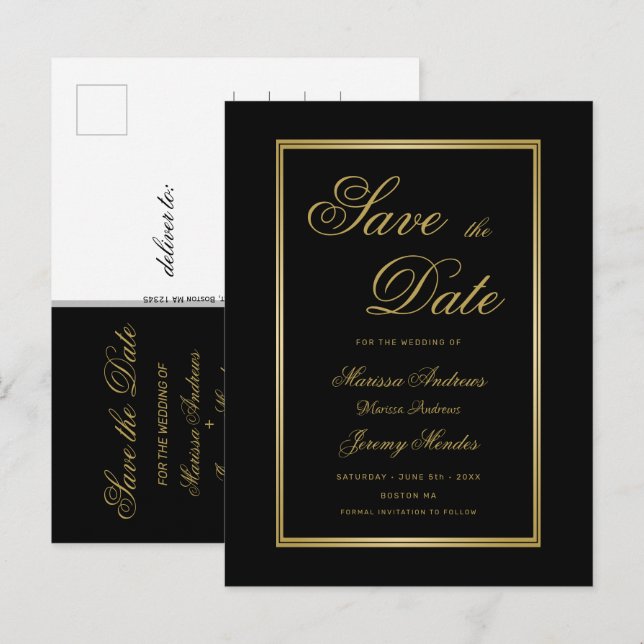 Elegantes Schwarzes Gold-Script-Hochzeit speichern Ankündigungspostkarte (Vorne/Hinten)