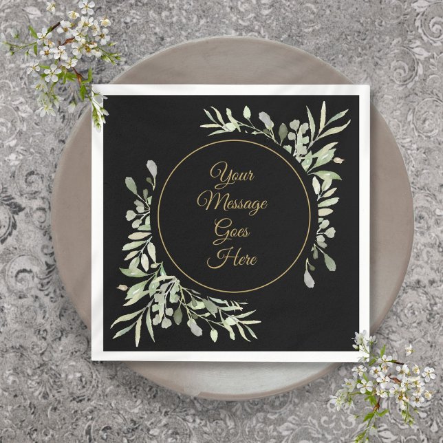 Elegantes Schwarzes Gold Script Watercolor Grüne Serviette (Elegant Black Gold Script Watercolor Greenery Napkins)