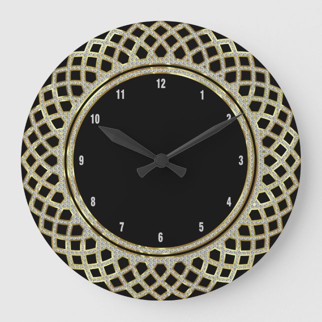 Elegantes Schwarzes Gold und Glitzer Geometrisches Große Wanduhr (Vorderseite)