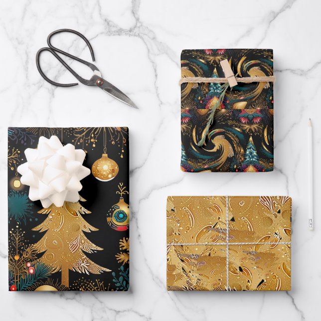 Elegantes Schwarzes & Gold Weihnachten Geschenkpapier Set (Vorderseite)