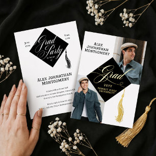 Elegantes schwarzes goldenes Abschlusskappenquaste Folieneinladung