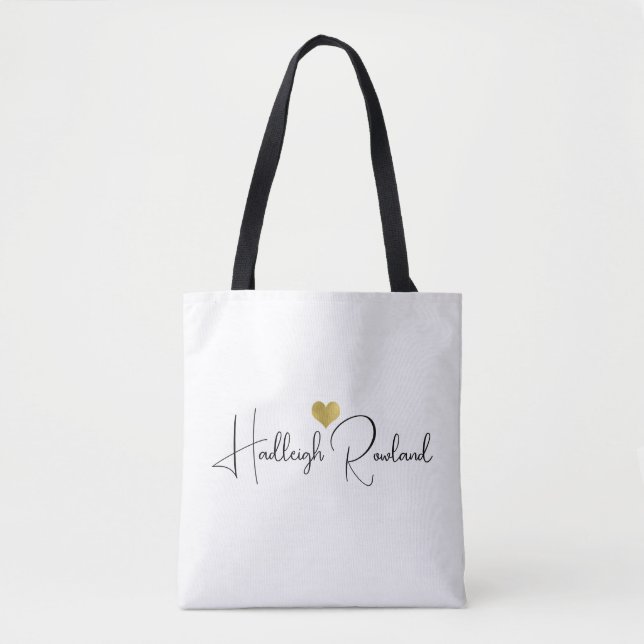 Elegantes schwarzes goldenes Monogramm-Skript Name Tasche (Vorderseite)