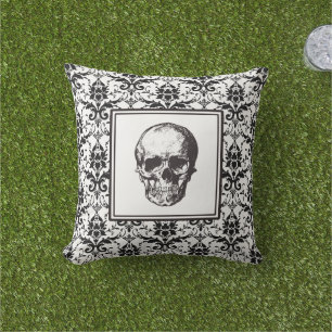 Elegantes schwarzes gotisches Damastmuster-Totenko Kissen Für Draußen