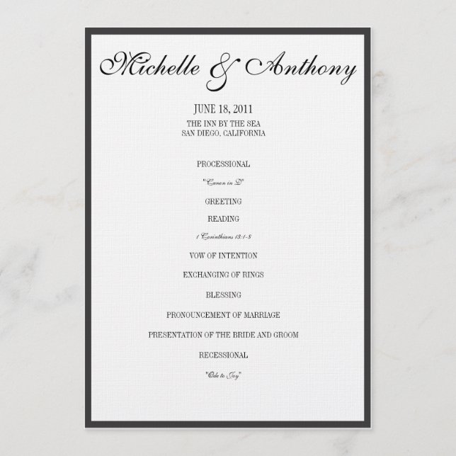 Elegantes Schwarzes Grenzhochzeitprogramm Programm (Vorderseite)