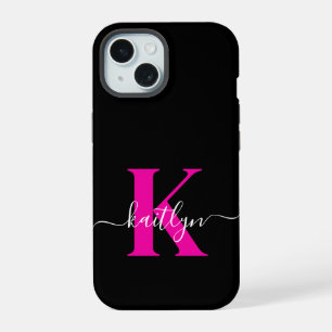 Elegantes schwarzes, heißrosa Schriftmonogramm iPhone 15 Hülle