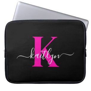 Elegantes schwarzes, heißrosa Schriftmonogramm Laptopschutzhülle