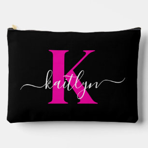 Elegantes schwarzes, heißrosa Schriftmonogramm Zubehörtasche