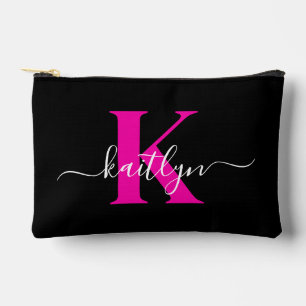 Elegantes schwarzes, heißrosa Schriftmonogramm Zubehörtasche