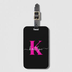 Elegantes schwarzes, heißrosa Skript-Monogramm Gepäckanhänger