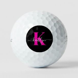 Elegantes schwarzes, heißrosa Skript-Monogramm Golfball